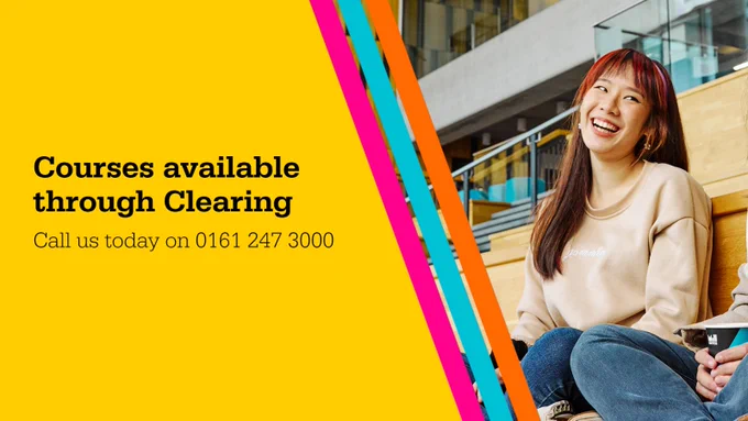 A student is sat on a step laughing. The text says "Courses available through Clearing. Call us today on 0161 247 3000".