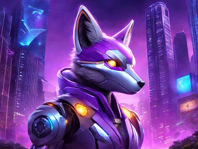 A portrait of a purple fox robot