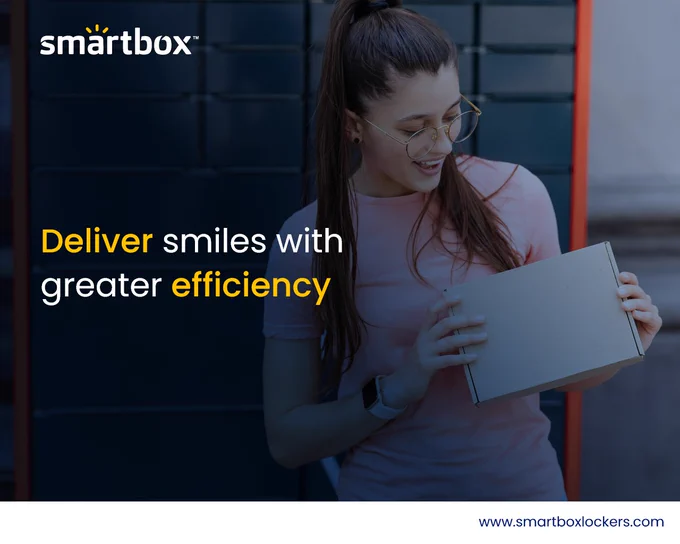 Young woman with a parcel in front of a smart locker with text 'deliver smiles with greater efficiency'