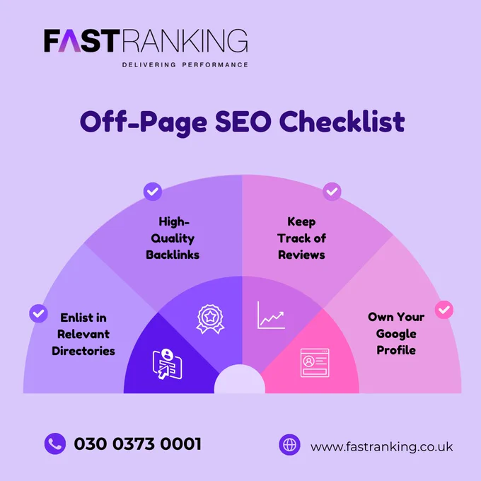 Off-Page SEO Checklist

🔹 Enlist in Relevant Directories
🔹 High-Quality Backlinks
🔹 Keep Track of Reviews
🔹 Own Your Google Profile