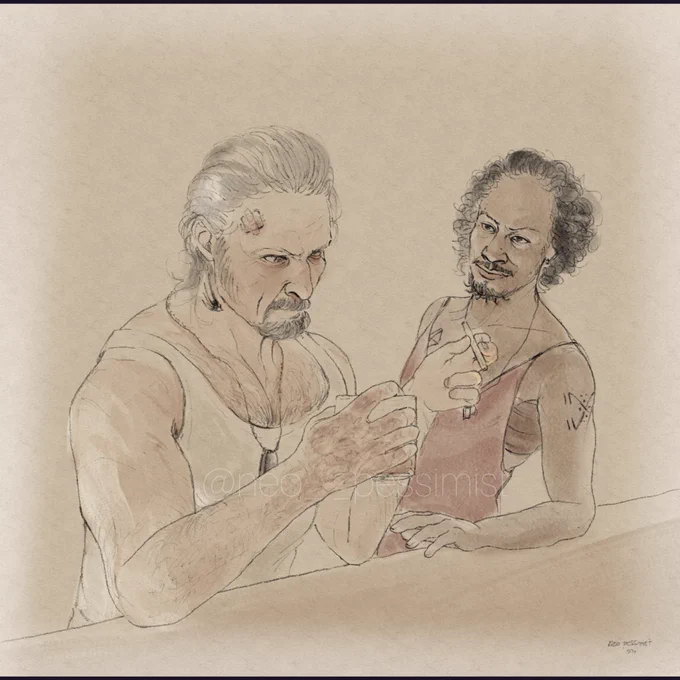 Sketch of Izzy and Roach as Soldier and Rose from Ghost Quartet.Theyre leaning on a bar Izzy with a glass of whisky in one hand and cigarette in the other. He's in a white tank top and is wearing dog tags. He has a wound on his forehead which is covered with cotton and adhesive and he has a scar running along his nose and a busted pupil in his left eye. 

Roach is in a red dress with a deep v that shows off his tattoo and binding tape. His elbow is leaning on the bar and he's looking at Izzy with a smug expression.

