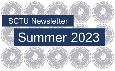 A background of repeated SCTU logos (a white ship in a navy blue circle) with the wording "SCTU newsletter - Summer 2023" across them.