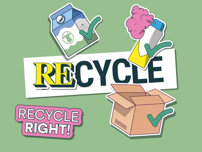 Recycle in big letters, next to a picture of a cardboard box, an aerosol can and a milk carton
