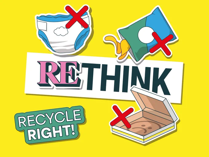 Rethink in big letters, next to pictures of a pizza box, crisp packet and nappy