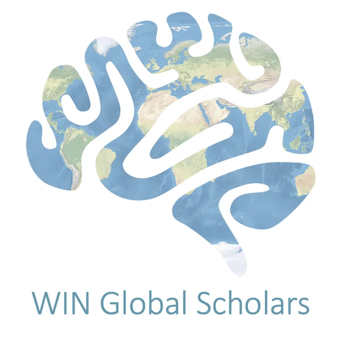 The WINGS logo: a map of the world in the shape of a brain. 