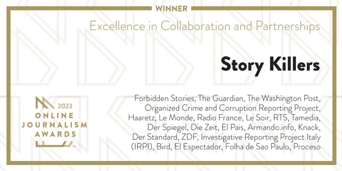 A graphic that reads, “2023 Online Journalism Awards winner, Excellence in Collaboration and Partnerships: Story Killers.”