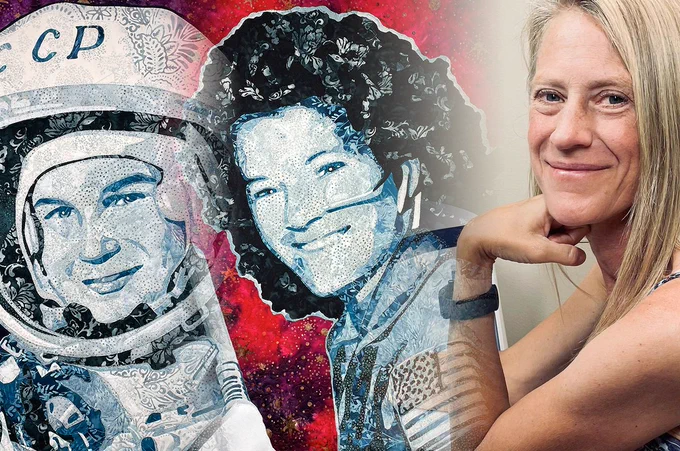 Karen Nyberg, who in 2008 became the 50th woman to fly in space, unveiled her quilted portraits of the first woman in space, Valentina Tereshkova, and the first American in space, Sally Ride.