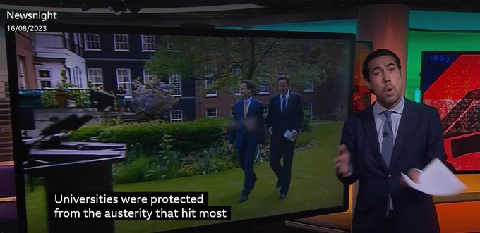 Screenshot of Ben Chu's Newsnight piece on the sector's finances in which he says that "Universities were protected from the austerity that hit most..."