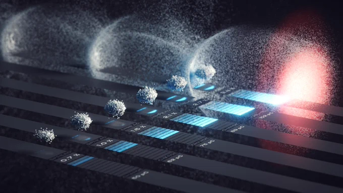 Eine Illustration zeigt, wie ein Laserpuls (in rot, ein heller Fleck auf der rechten Seite des Bildes) in eine Reihe von Plasmawellen (in weiß) übergeht, die ein Elektronenbündel formen (zu sehen als eine Ansammlung von Teilchen).