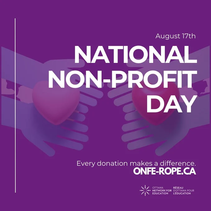 Two paper hands reaching out, hands open each holding a heart. Purple overlay with the word National Non-Profit Day. Every donation makes a difference.