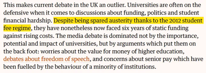 Screenshot of Chris Husbands' Guardian article from 2018 in which he says "Despite being spared austerity thanks to the 2012 student fee regime..."