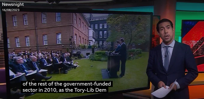 Seccond screenshot of Newsnight piece by Ben Chu, continuing ".. of the rest of the government-funded sector in 2010, ...".