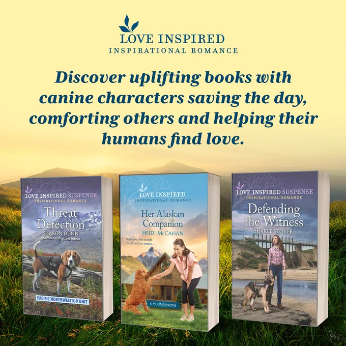 Top: Discover uplifting books with canine characters saving the day, comforting others and helping their humans find love.

Bottom: Threat Detection by Sharon Dunn, Her Alaskan Companion by Heidi McCahan and Defending the Witness by Sharee Stover.