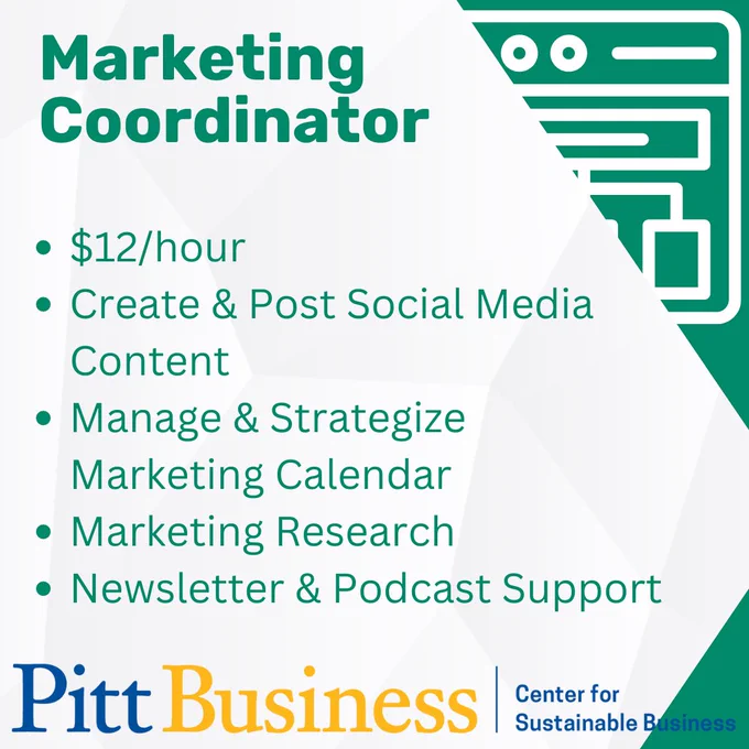 Text: "Marketing Coordinator, $12/hour
Create & Post Social Media Content
Manage & Strategize Marketing Calendar
Marketing Research
Newsletter & Podcast Support"