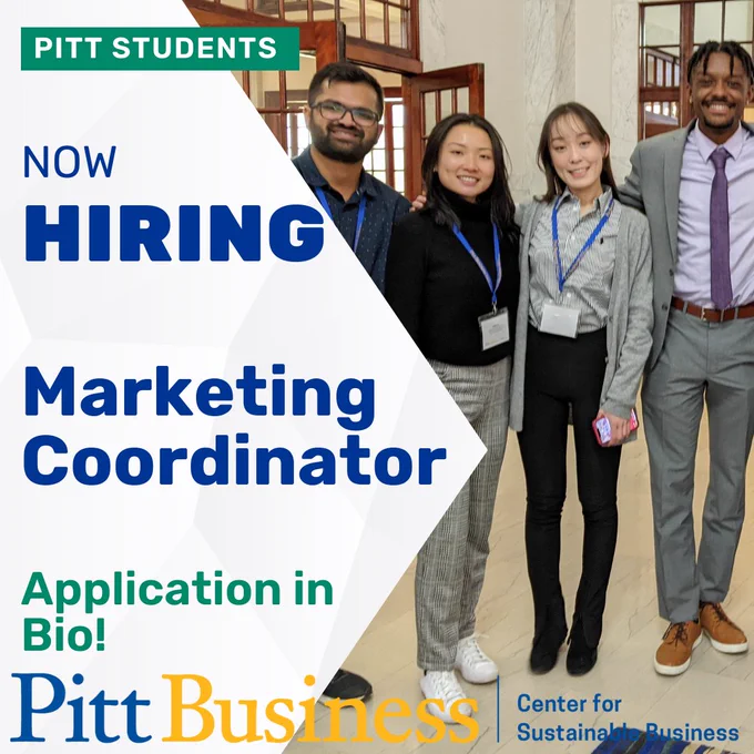 Text: "Pitt Students, Now Hiring, Marketing Coordinator, Application in bio"