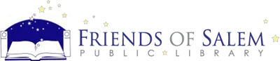 Friends of Salem Public Library logo. A blue and white open book with stars coming out of it next to the words Friends of Salem Public Library.