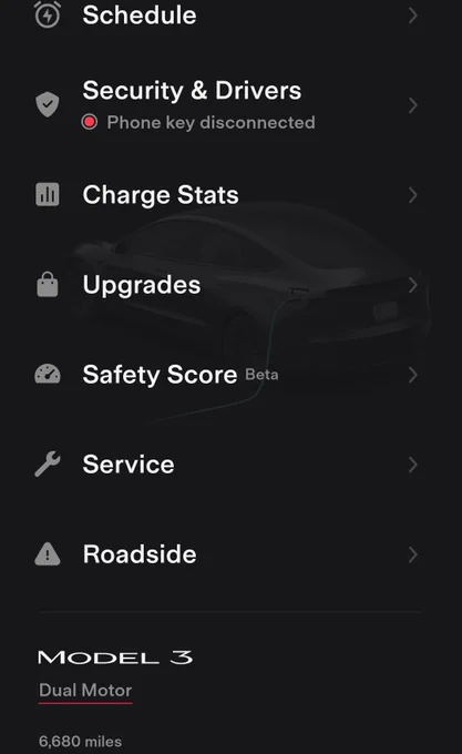 Mobile app display showing Tesla Model 3 Performance version with 6680 miles.
