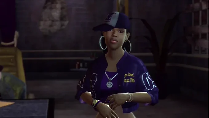 An image of Aisha, an R&B Singer from  from Saints Row. She is wearing a purple sports jersey, baseball cap, large hoop earrings and a dollar sign neck chain