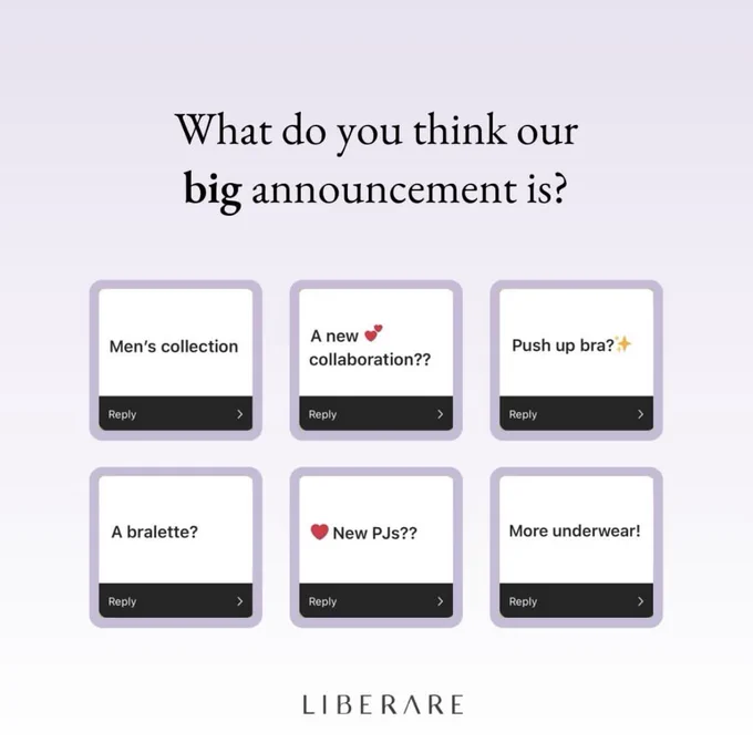 ID: Faded lavender background with black text that says “What do you think our big announcement is?” There’s 6 answers from our Instagram question box below.