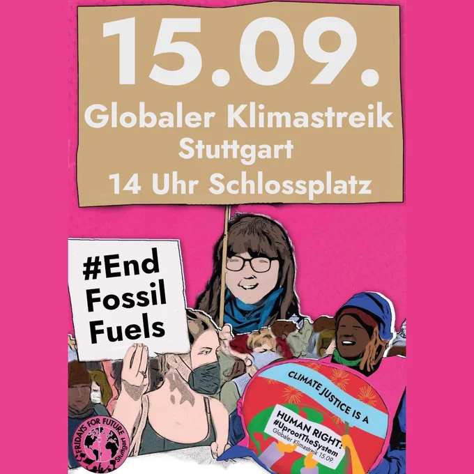 Cartoon-Figuren demonstrieren auf einer Fridays for Future Demo. Sie halten Schilder hoch. Dort steht, dass am 15.9. der nächste Globale Klimastreik ist. In Stuttgart beginnt er um 14 Uhr auf dem Schlossplatz. Der Hashtag ist #EndFossilFuels 