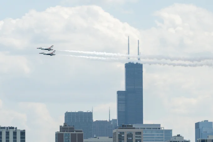 United States Air Force F-16 Fight Falcon’s with the Thunderbirds air demonstration squadron practice their airshow routine along the lakefront, Thursday, Aug. 17, 2023. | Tyler Pasciak LaRiviere/Sun-Times