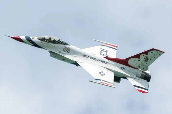 A United States Air Force F-16 Fight Falcon with the Thunderbirds air demonstration squadron practice their airshow routine along the lakefront, Thursday, Aug. 17, 2023. | Tyler Pasciak LaRiviere/Sun-Times
