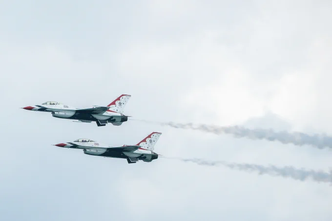 United States Air Force F-16 Fight Falcon’s with the Thunderbirds air demonstration squadron practice their airshow routine along the lakefront, Thursday, Aug. 17, 2023. | Tyler Pasciak LaRiviere/Sun-Times