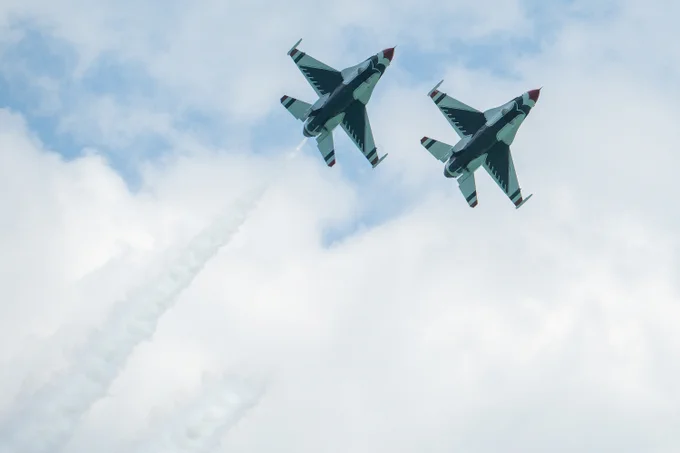 United States Air Force F-16 Fight Falcon’s with the Thunderbirds air demonstration squadron practice their airshow routine along the lakefront, Thursday, Aug. 17, 2023. | Tyler Pasciak LaRiviere/Sun-Times