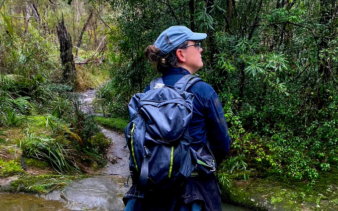 Ecologist Vicky Austin stops to listen for lyrebirds in Birdwood Gully in Australia's Blue Mountains.