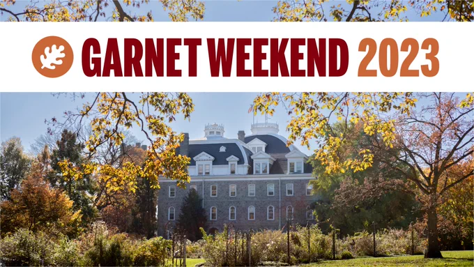 An image of Parrish Hall on Swarthmore's campus. Text reads, "Garnet Weekend 2023" in autumnal colors.