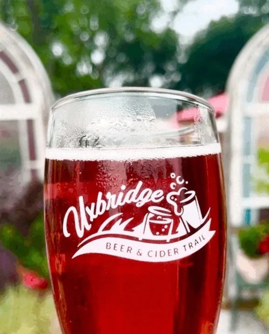 Glass of red-coloured cider at Banjo Cider in Uxbridge