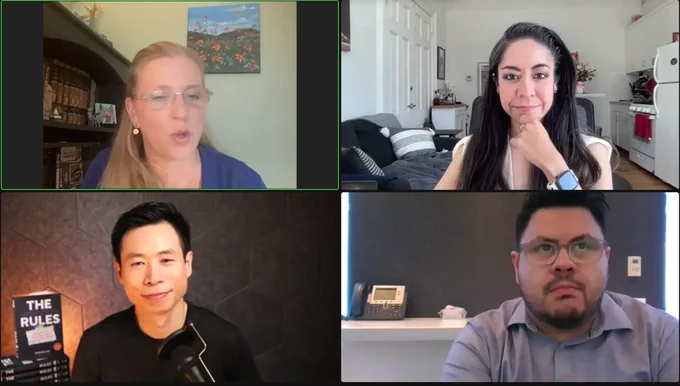 The image shows (clockwise from top left) Cindy Perman, formerly of CNBC and The Wall Street Journal, Danielle Abril of The Washington Post, Robert Barba of The Wall Street Journal, Gorick Ng of UC Berkeley, speaking during SABEW's webinar "How to Move Up the Ladder in Your Career" on Wednesday, Aug. 16.