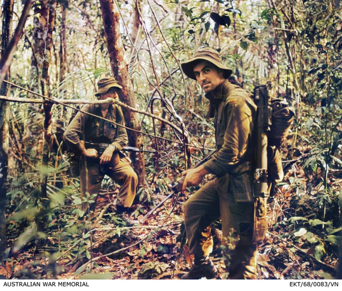 Bien Hoa, South Vietnam. January 1968. Sergeant (Sgt) Tom Birnie (right), Platoon Sergeant of 4 Platoon, D Company, 2nd Battalion, The Royal Australian Regiment (2RAR) and an unidentified soldier on patrol in typical jungle during Operation Coburg. EKT/68/0083/VN 
