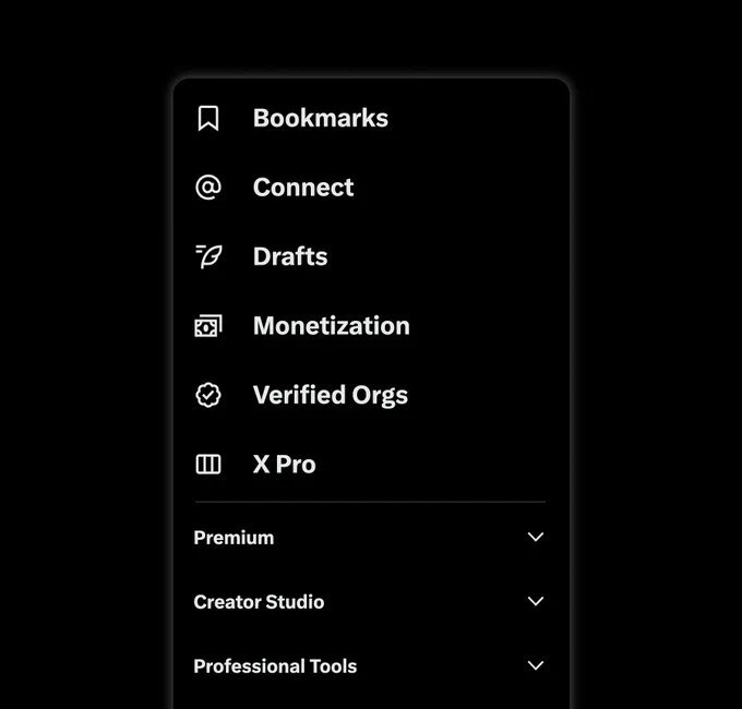 screenshot of the side navigation on x.com, which shows the X Pro item under verified orgs