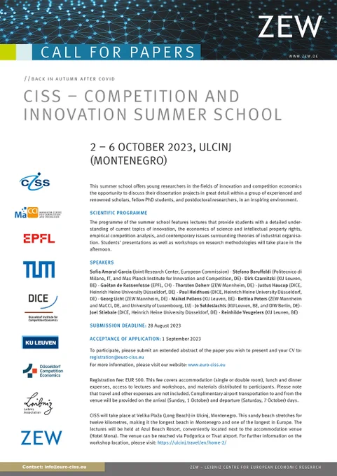 Call for Papers for the Competition and Innovation Summer School (CISS) in Montenegro.
