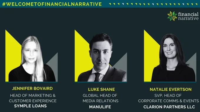 Rounding out the week on another high note as we #WelcomeToFinancialNarrative a trio of financial marcomms leaders: 
- Jennifer Bovaird, Head of Marketing & Customer Experience at Simple Loans
- Luke Shane, Global Head of Media Relations at Manlike
- Natalie Evertson, SVP, Head of Corporate Comms & Events at Clarion Partners LLC

Thrilled to have you in our network of financial C-Suite storytellers!

Be sure to check out our #2023SalarySurvey 💸 packed with insights and data examining the distribution of salaries and benefits of financial marcomms leaders across the US, UK & Europe 👉 https://financialnarrative.org/networks/events/53460 

