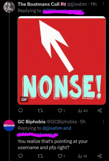 @jjisatim tweet:
[Image] the word Nonce (spelled Nonse) in bold with an arrow that points to @jjisatim's username and profile 

@GCBiphobia reply: you realize that's pointing at your username and profile pic right?