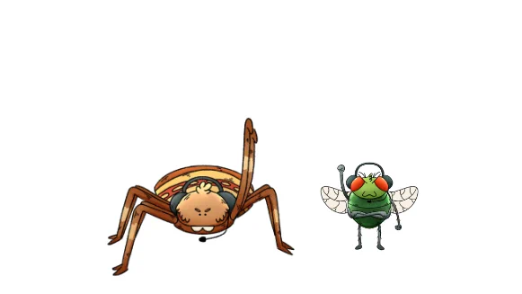 A still from BUGGING HUMANS. A cartoon spider and fly, both wearing headsets, stand amongst a white background.