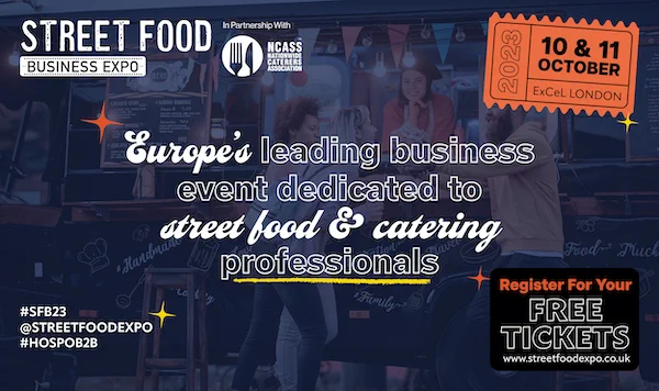 The banner describes: Save the date & register for the Street Food Business Expo (10-11 Oct) https://bit.ly/45bVAeF. 

Attend the European event @StreetFoodExpo with a global outlook dedicated to street food & catering professionals #ad #SFB23 #HOSPOB2B #StreetFood #StreetFoodExpo