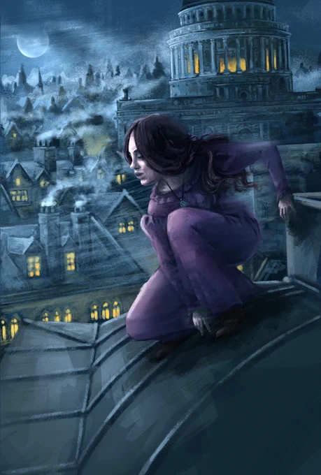 Girl crouches on a rooftop in Victorian London, by MartinBeckettArt 