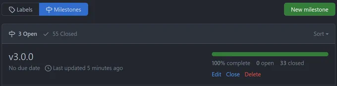 Screenshot of the qutebrowser v3.0.0 milestone on GitHub. Last updated 5 minutes ago, 100% complete, 0 open issues, 33 closed issues.