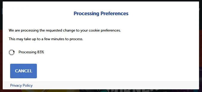 a cookie preferences popup including the text "This may take up to a few minutes to process" and a progress indicator at 83%