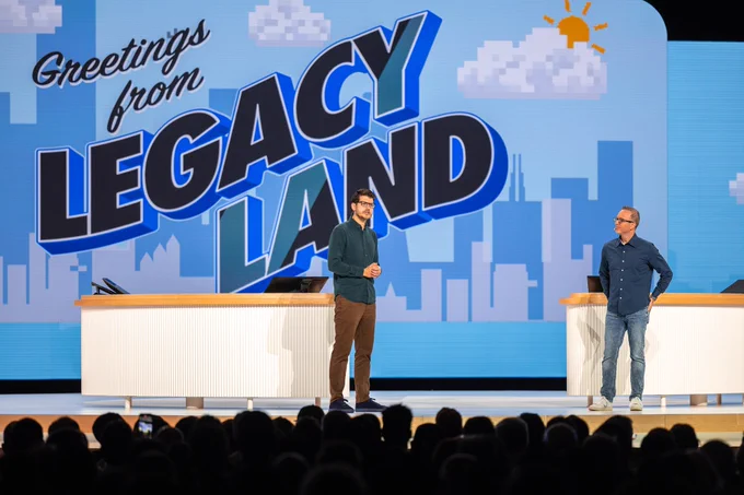 A photograph of Richard Seroter and Forrest Brazeal on the Google Cloud Next keynote stage.
