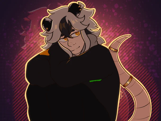 Atombomb, a guy with possum ears and tail. He is sitting with his knees pressed to chest. The drawing has yellow backlighting. The background is a mix of different colored halftones and spray paint splatters.