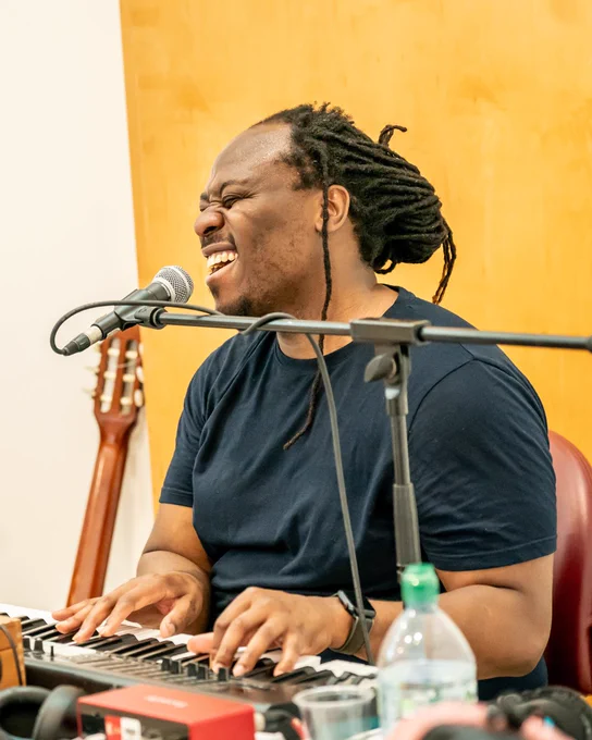 Photo of Femi Temowo in rehearsals for Mlima's Tale