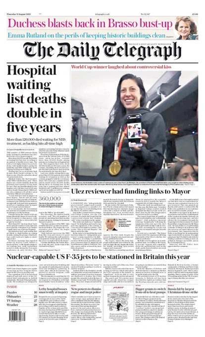 The Daily Telegraph front page splashed with headline: Hospital waiting list deaths double in five years.