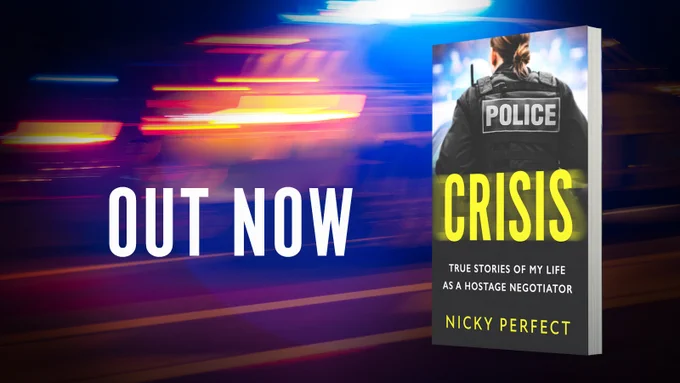 Image shows the cover of Crisis by Nicky Perfect. To the left is the text 'OUT NOW'