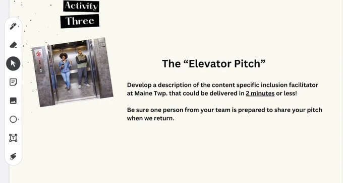 A beige background with a picture of two people standing in an elevator with the doors open. The slide is titled “Activity Three” and introduces an elevator pitch task.