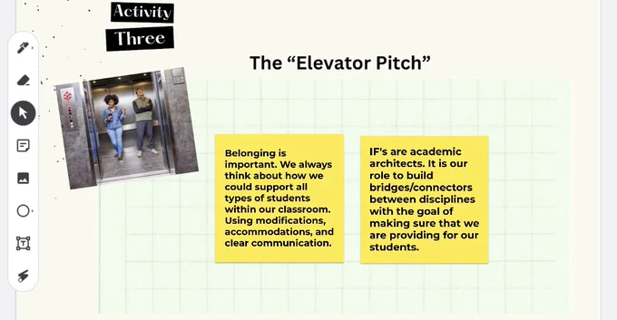 A beige background with light green graph paper as an overlay. There is an image of two people standing in an elevator with the doors open. There are two yellow sticky notes where teachers reflected on their “elevator pitch.”
