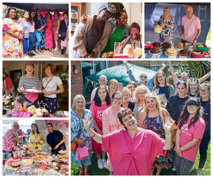 A collage of 6 photos of Afternoon Tea events. Each photo shows a group of people with delicious looking food and drink. A lot of the people are wearing pink, everyone is smiling at the camera.